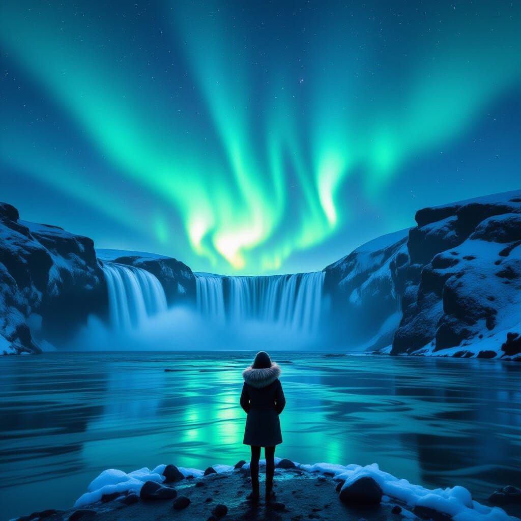 Aurora Borealis Over Iceland Waterfall, Digital Art