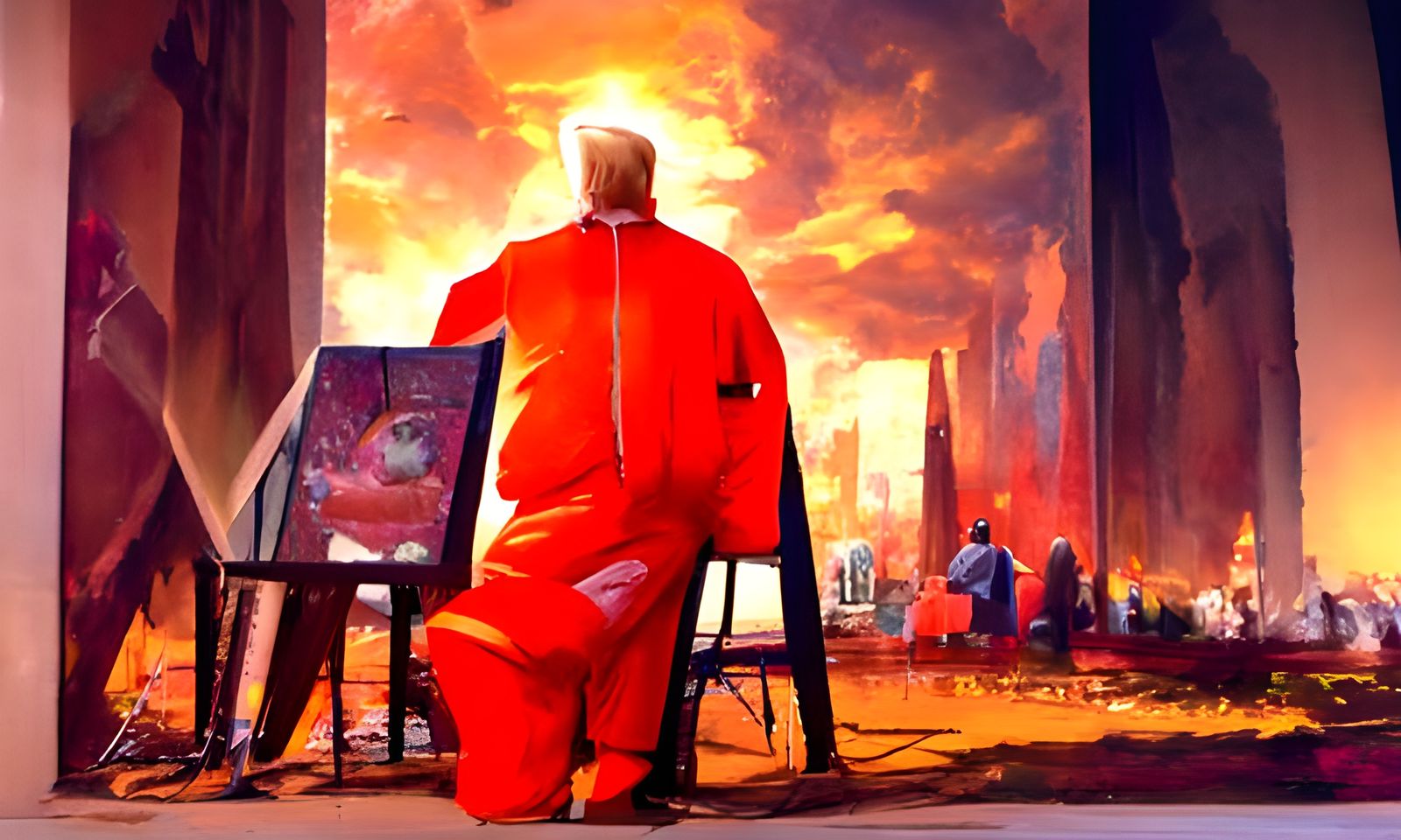 Figure in Orange Jumpsuit, Oil Painting Style