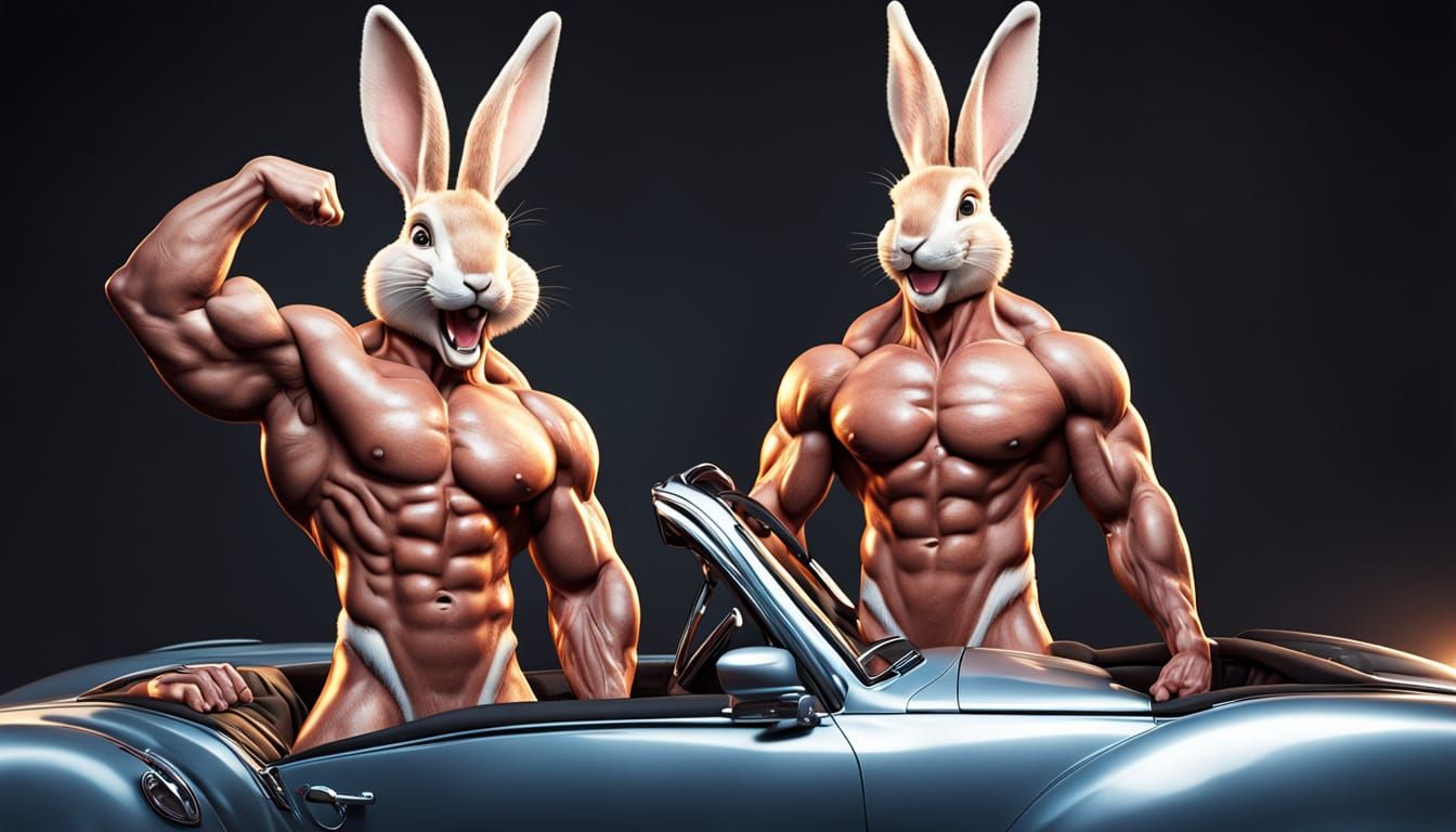 Muscular Men in Bunny Suits Posing with Car