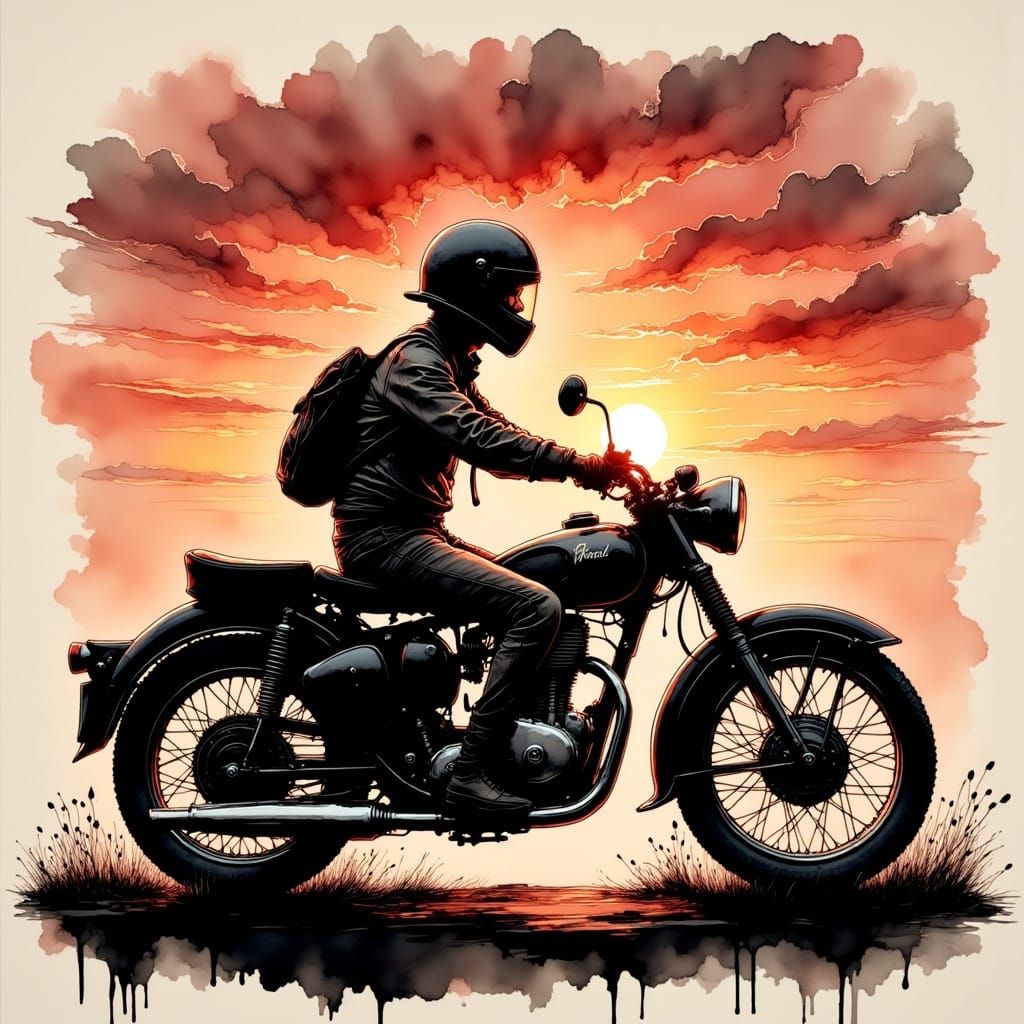Motorcyclist Silhouette Against Sunset in 1960s Ad Style