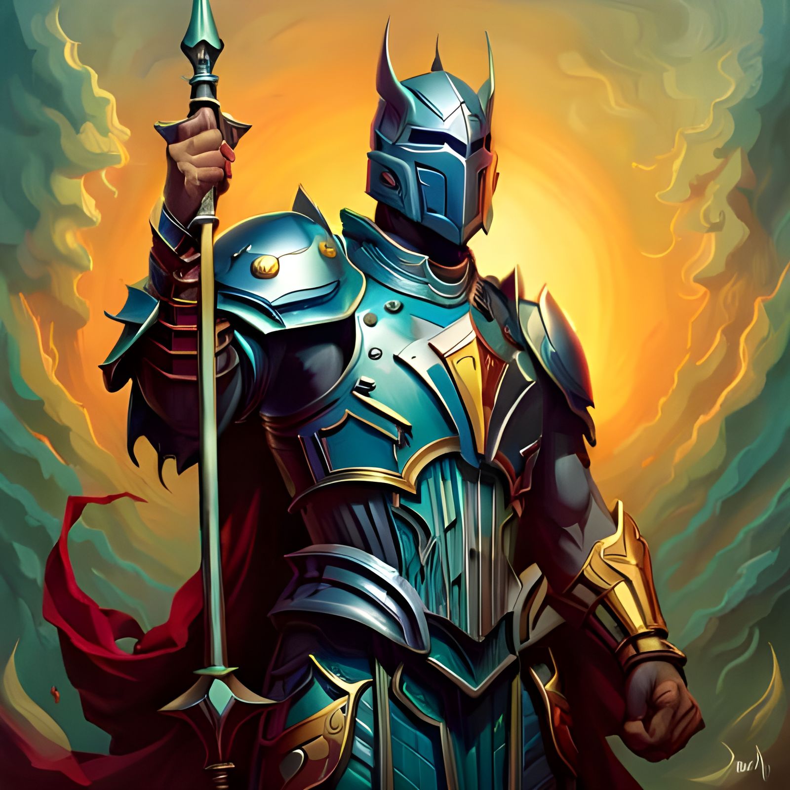 Psychedelic Armored Knight in Art Nouveau Style