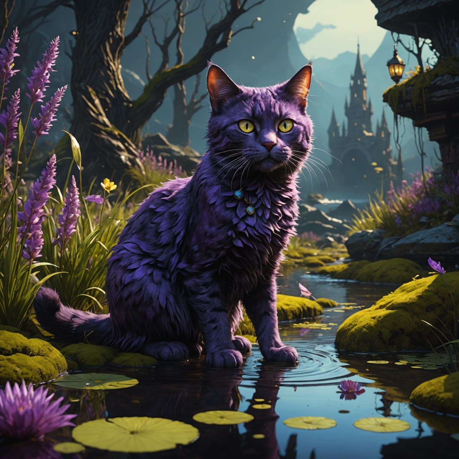 Dark Fantasy Cat and Bog and Fish, 8k Resolution