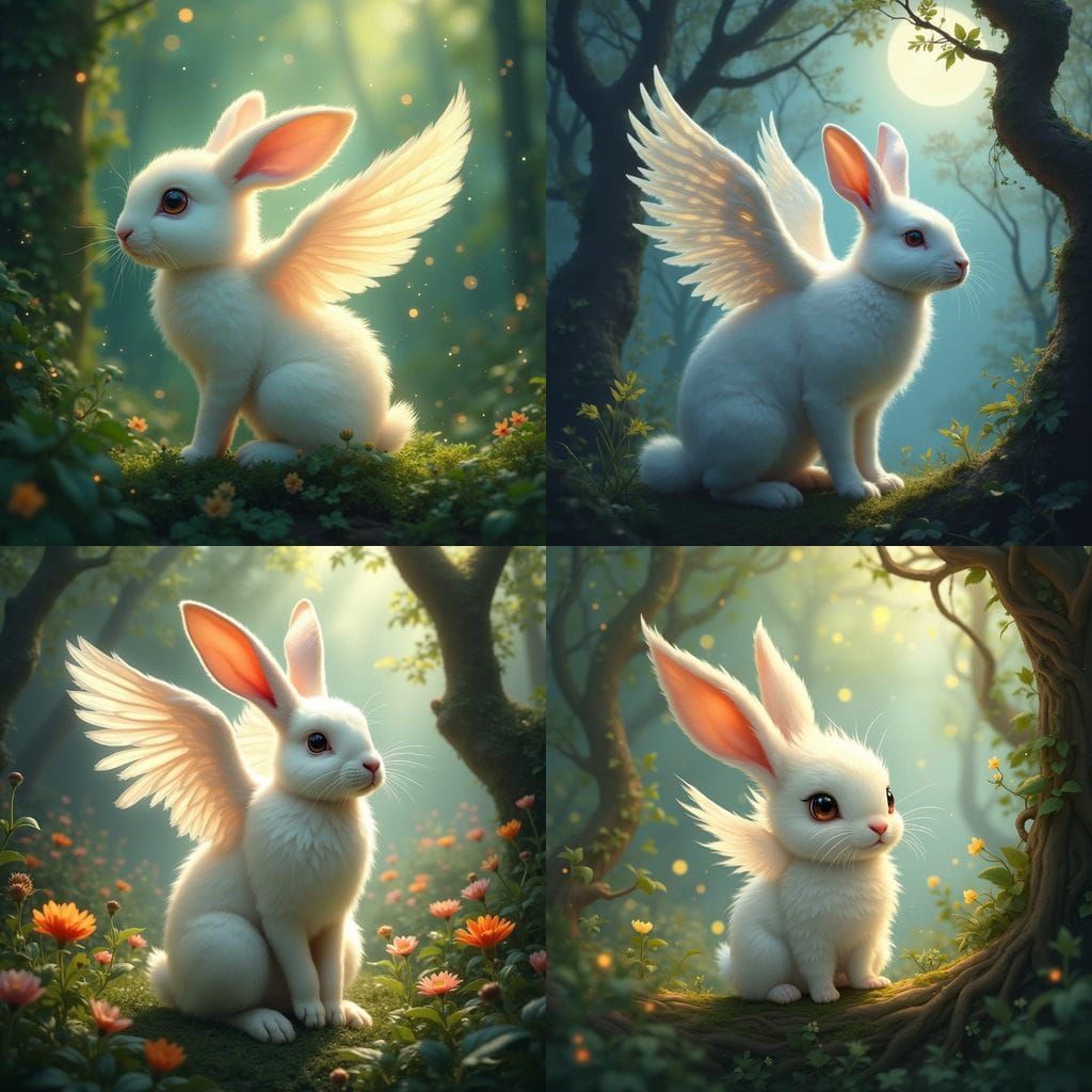 Whimsical White Winged Rabbit in Enchanted Forest