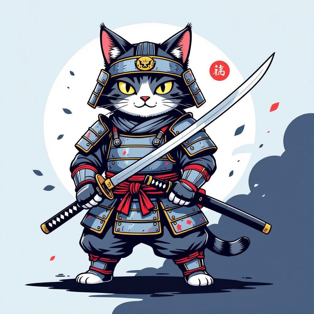 Samurai Cat in Streetwear Armor, Doodle Style
