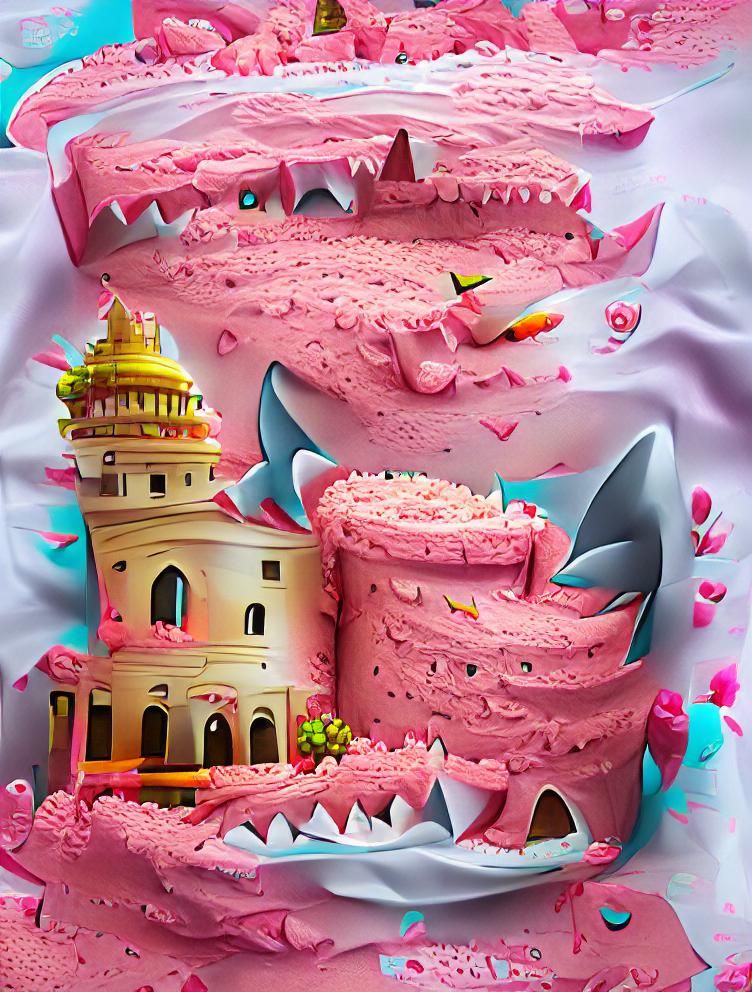 Pink Shark Castle Cake: Colorful Digital Illustration