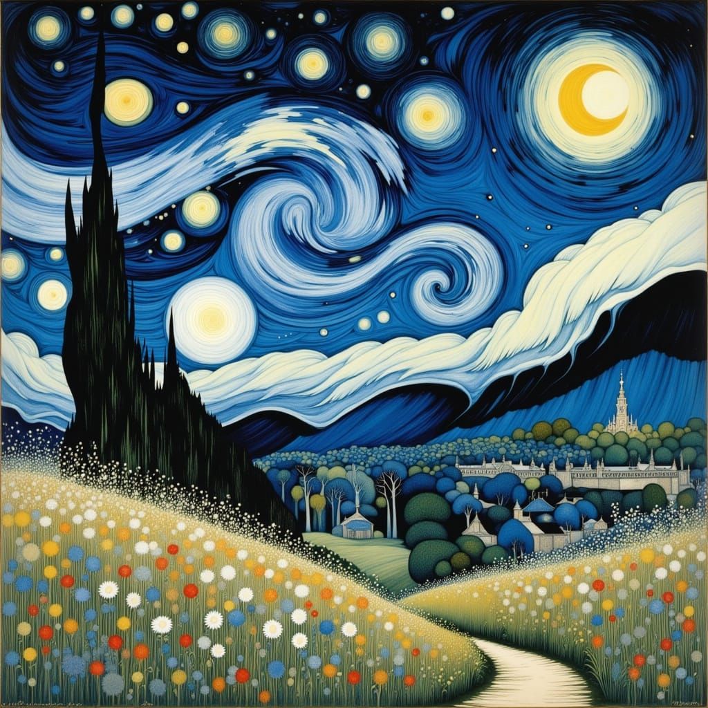 Vibrant Nighttime Cityscape in Whimsical Artistic Style