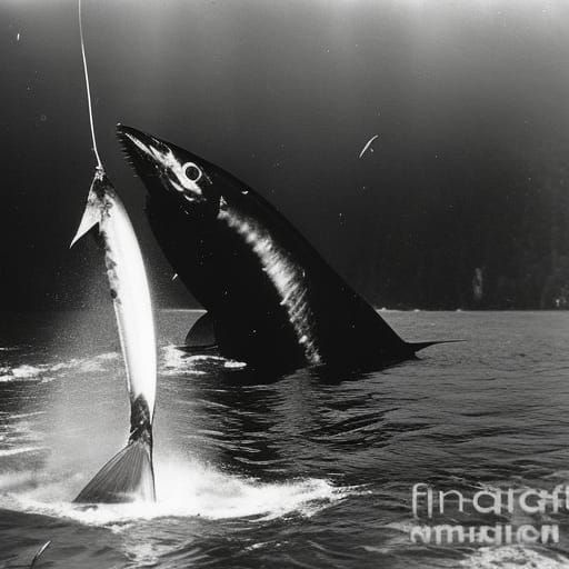 Colossal Squid's Salmon Feast: Film Noir Photograph