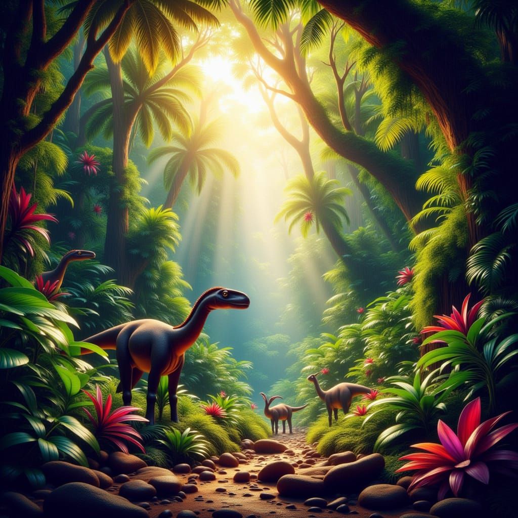 Vibrant Jurassic Jungle with Dinosaurs and Exotic Flora