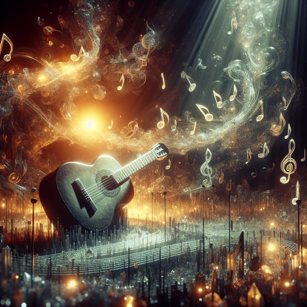 Crystal Music Notes Dance Around Guitar