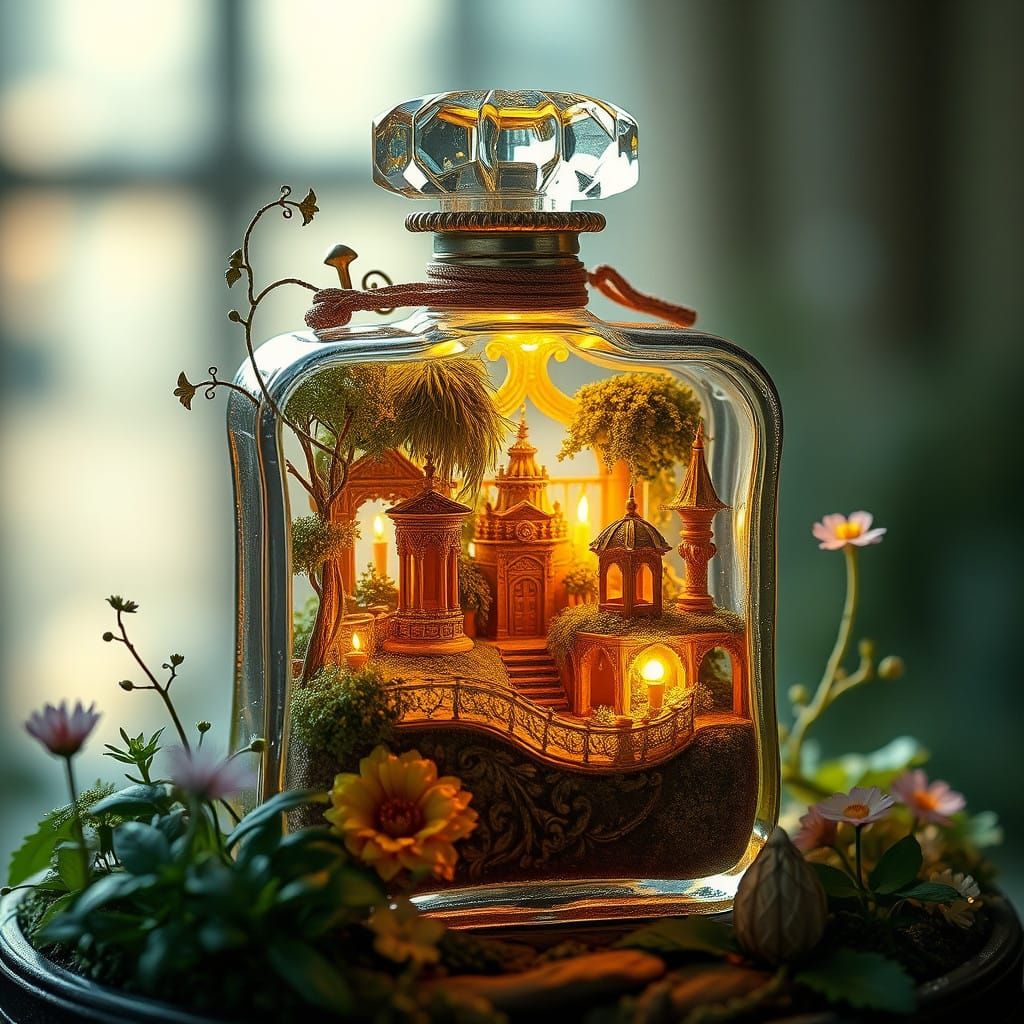 Dreamlike Perfume Bottle World in Photorealistic Detail