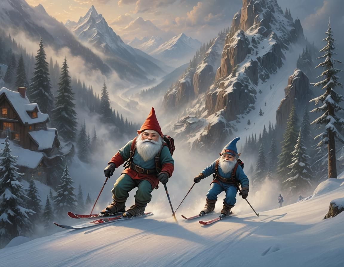Gnome Skier in Downhill Race: Digital Matte Painting