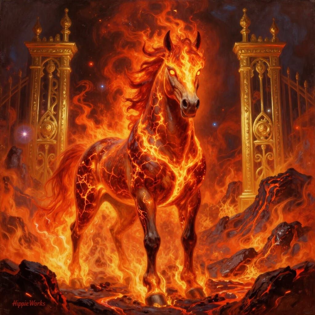 Fiery Stallion Amidst Volcanic Eruption and Hell Gates