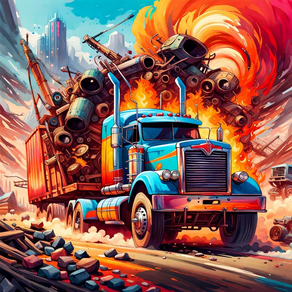 Burning Truck in Candy Wonderland, Watercolor Style