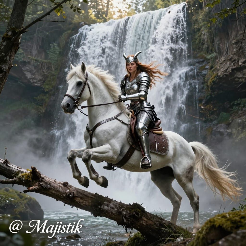 Viking Warrior Leaping Waterfall in Sun-Dappled Forest