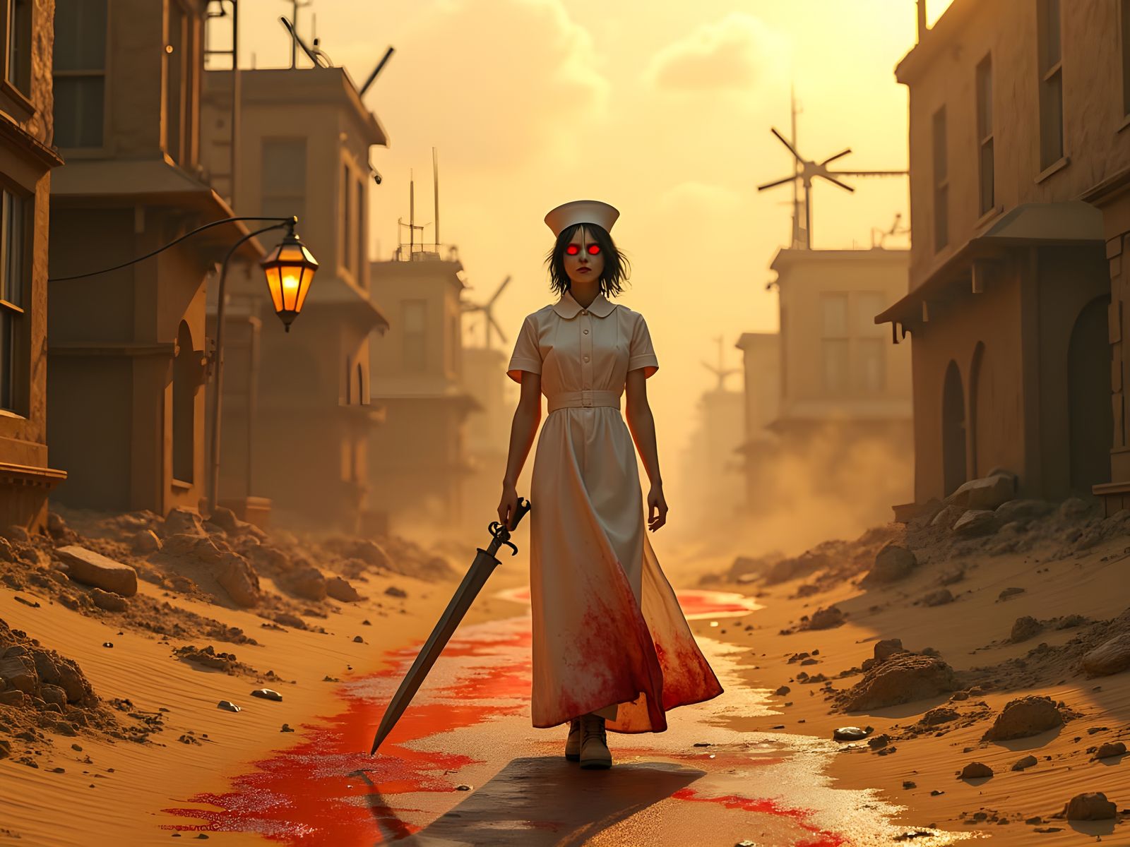 Steampunk Horror Nurse in Golden Dunes