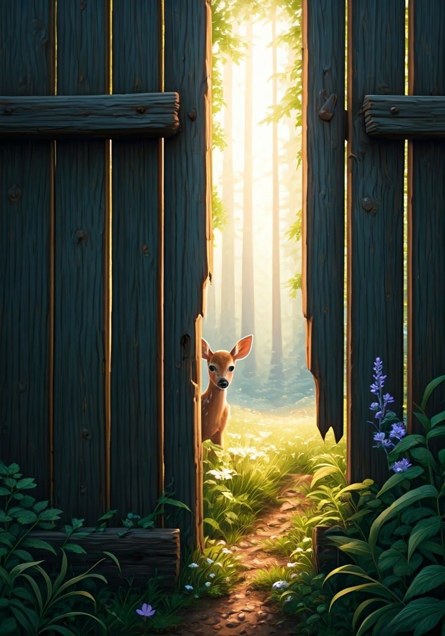Fawns Visit Through Weathered Fence: Hyperdetailed Nature Sc...