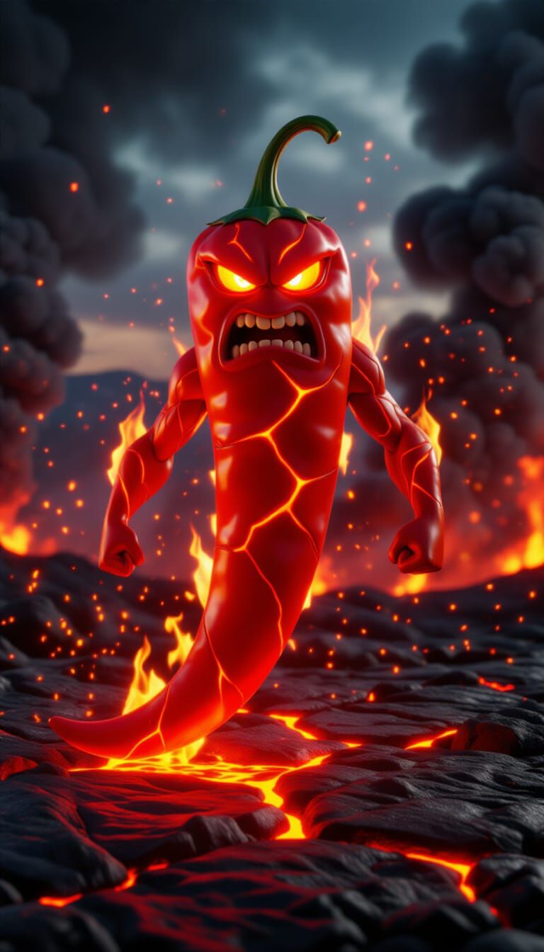 Fiery Chili Pepper Warrior in Volcanic Landscape