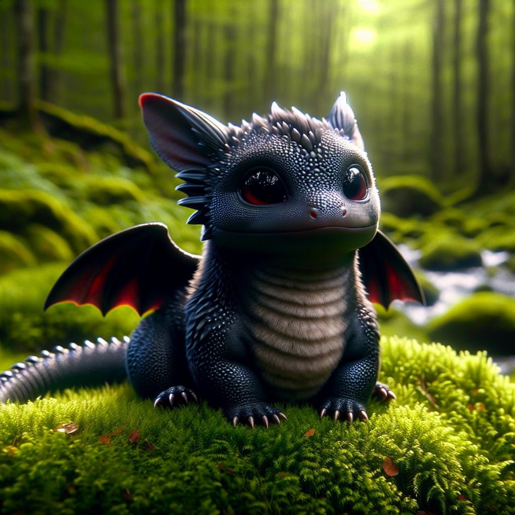 Cute Wingless Black Dragon in Forest Clearing