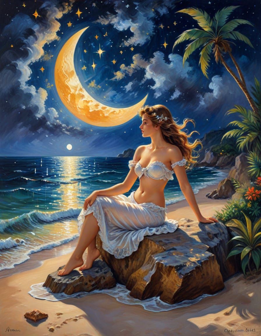 Mermaid Singing by Moonlight: Impressionistic Oil Painting