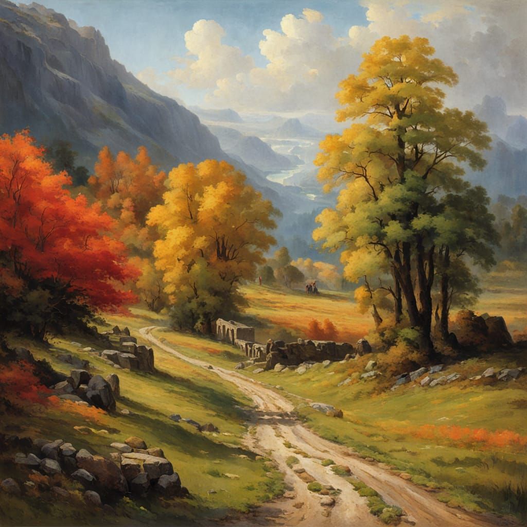 Colorful Pastoral Road Scene Evokes Nostalgia