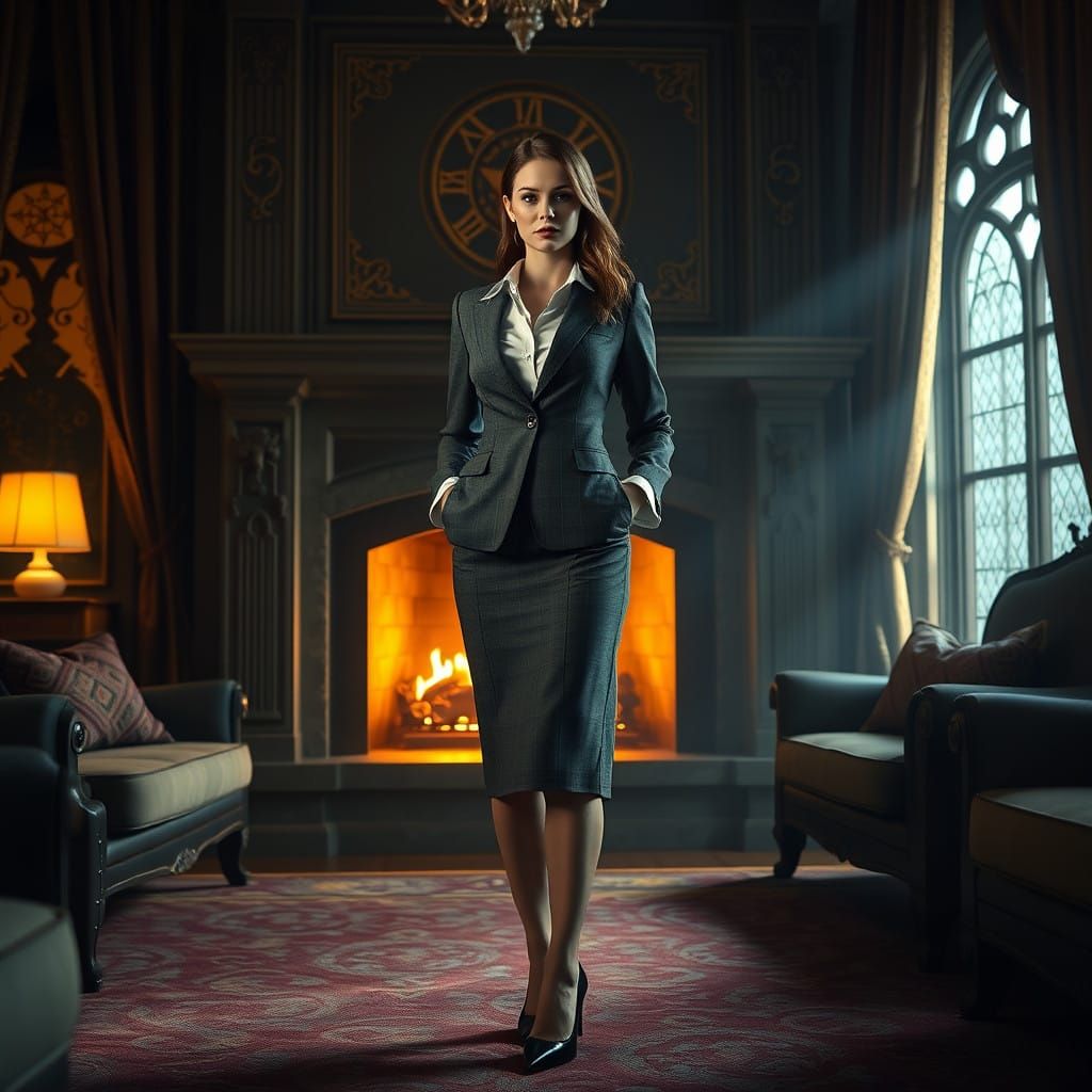 Confident Businesswoman Standing in Front of a Warm Fireplac...