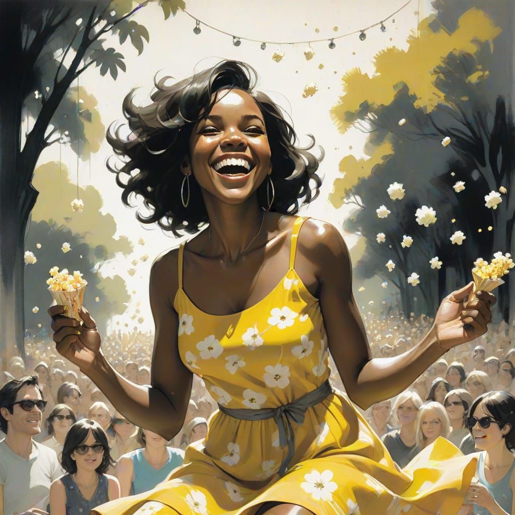 Sensual Dark Skin Hispanic Woman Tosses Popcorn in a Vibrant...