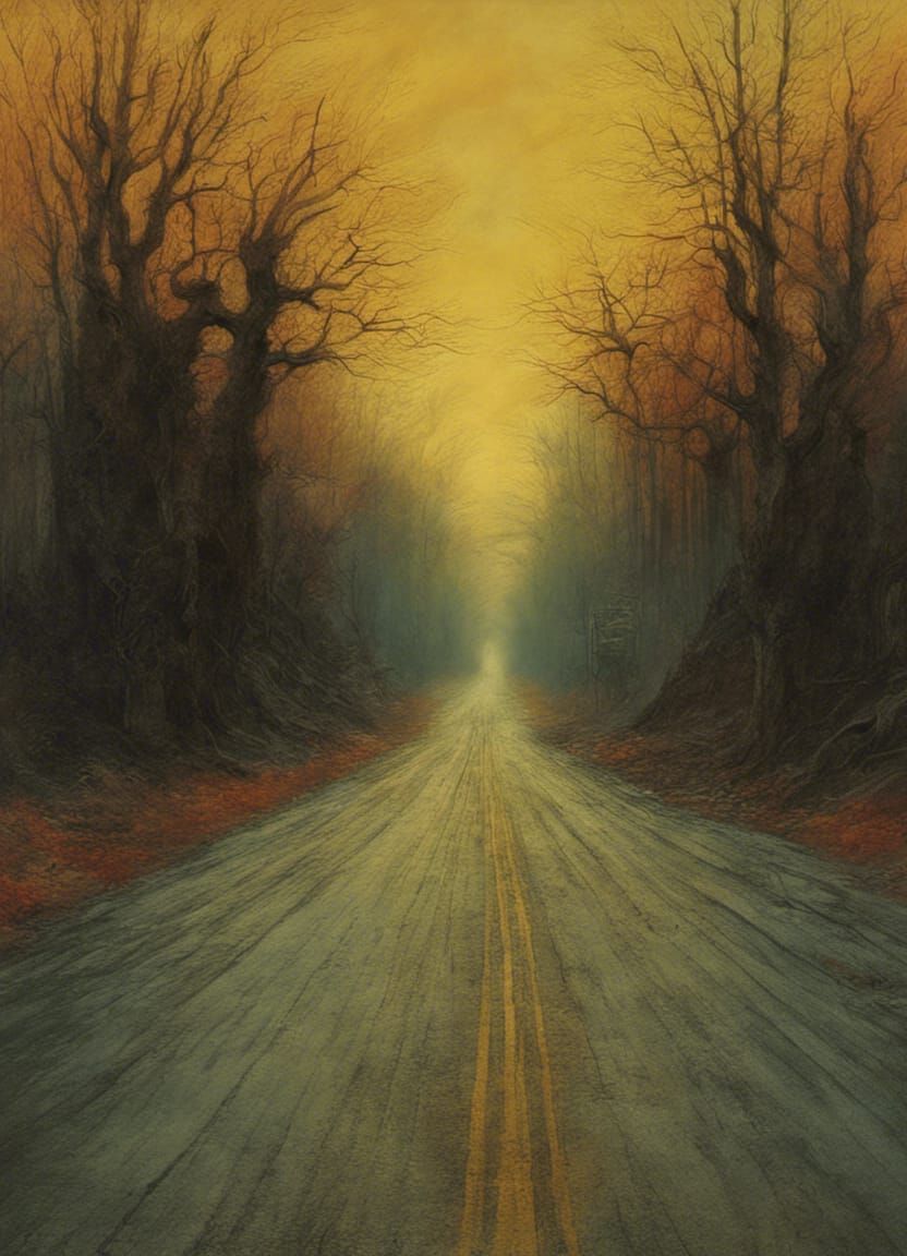 Ominous Road to Death in Dystopian Fantasy Style