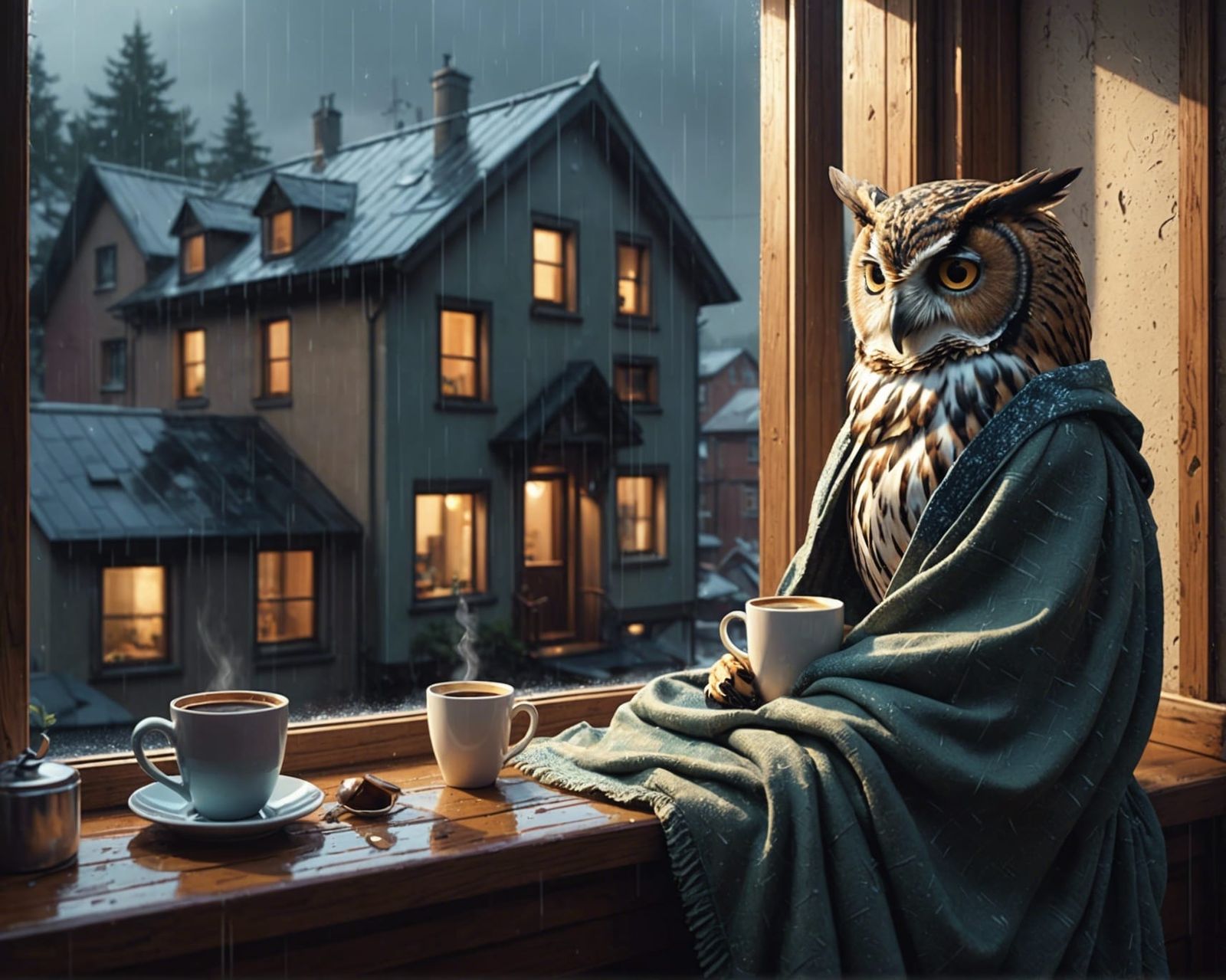 Cozy Owl-Girl in Rainy Window: Cel Shaded Art