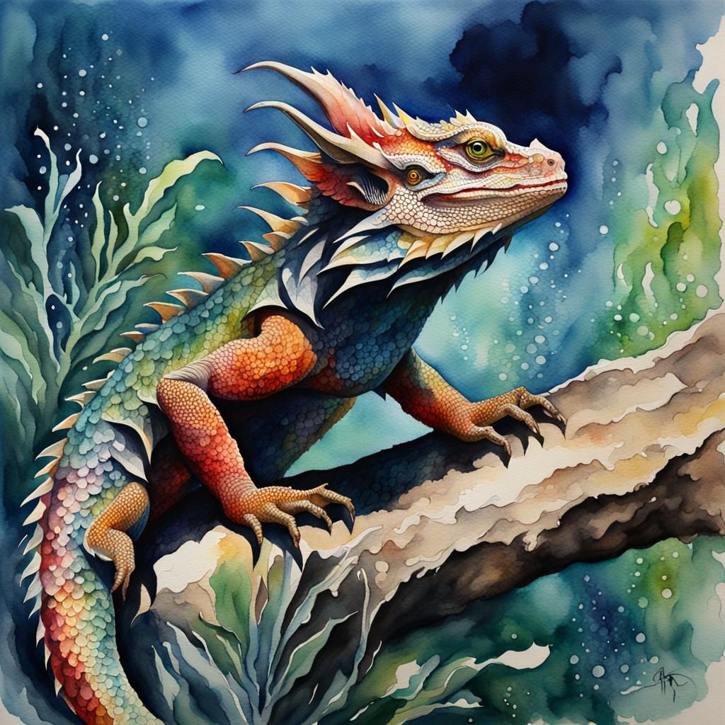 Detailed Watercolor Painting of a Water Dragon