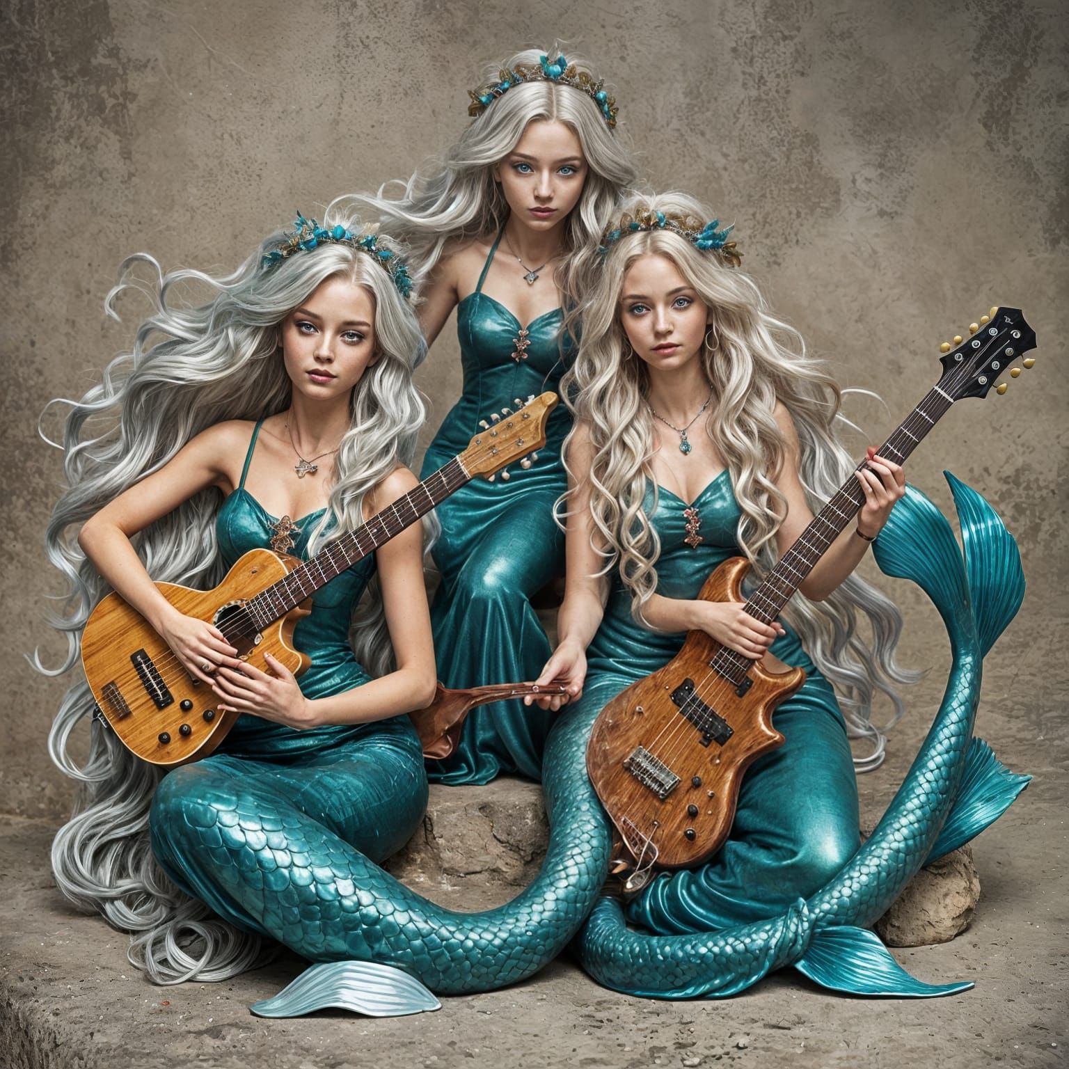 Mermaid Sisters Playing Cyberpunk Guitars in Neon Tokyo