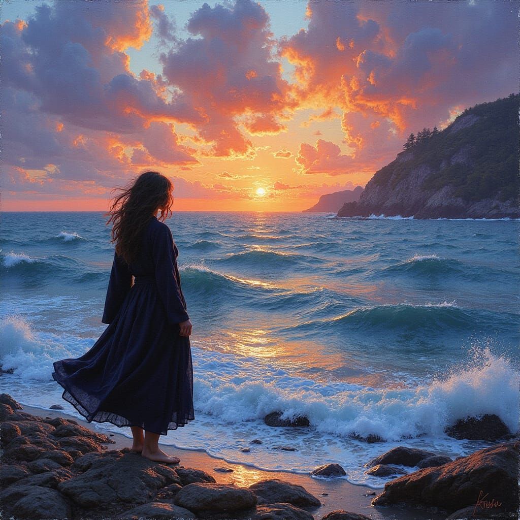 A woman stands on a rocky shore, gazing out at a vast, turbu...