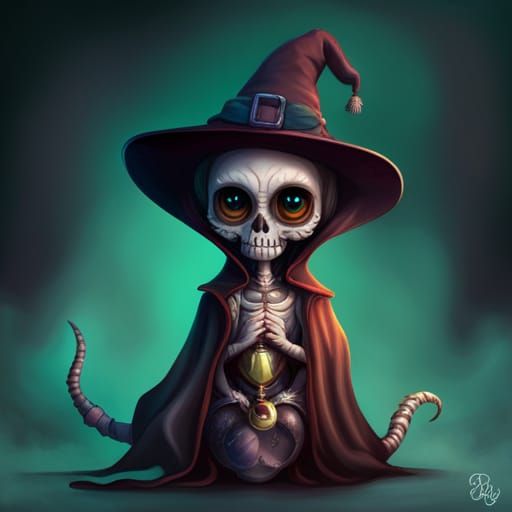 Cute Skeleton Creature with Cat Toy, Digital Art
