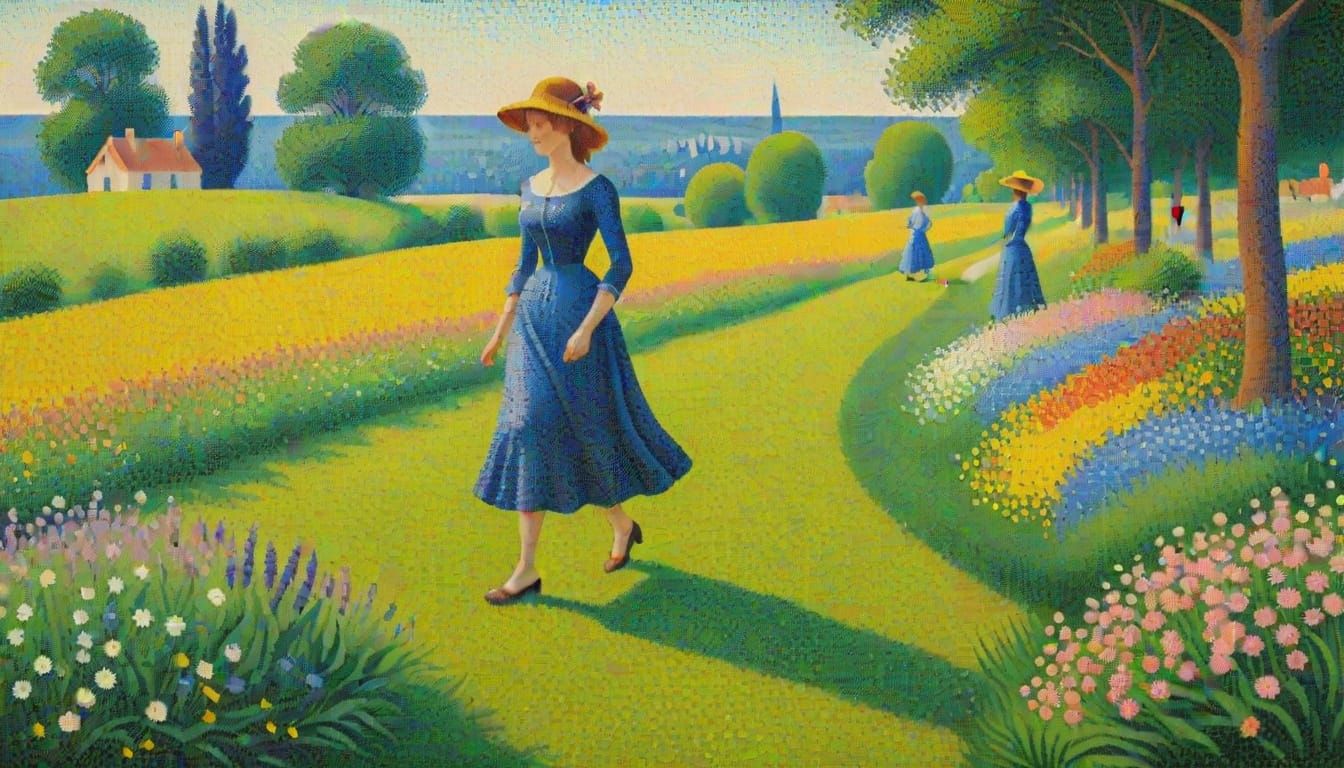 A Duchess Strolls Through a Lush French Meadow in a Pointill...