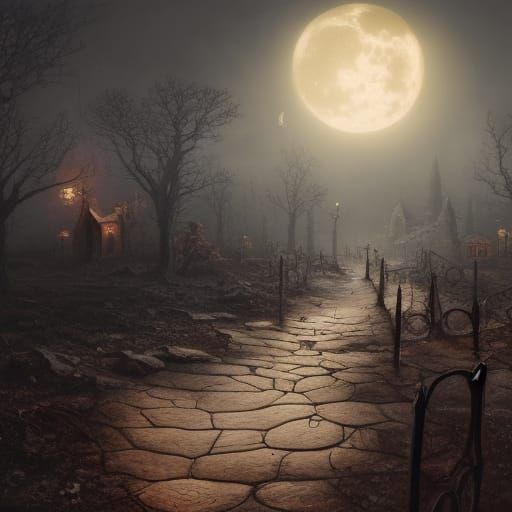 Horror Landscape Clock Tower in Art Nouveau Style