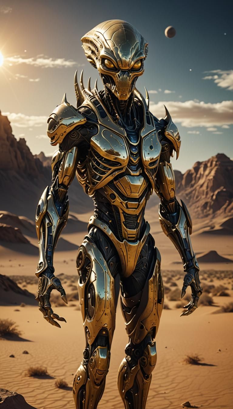 alien creature in desert, dark beige and gold