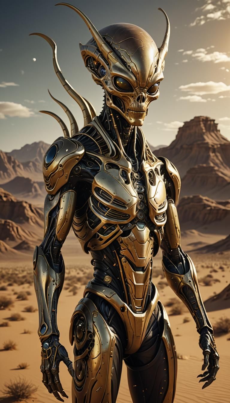 alien creature in desert, dark beige and gold