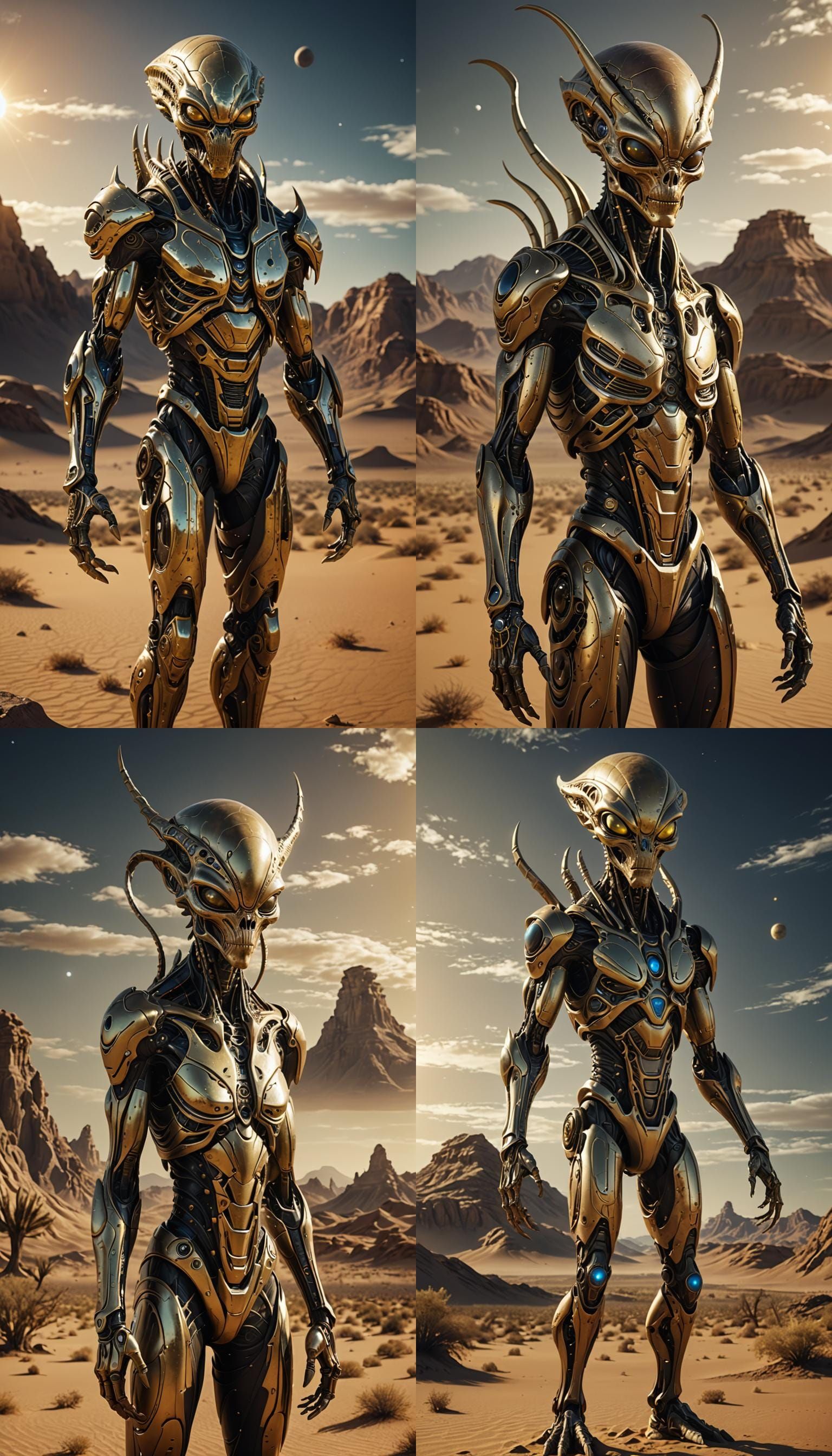 alien creature in desert, dark beige and gold