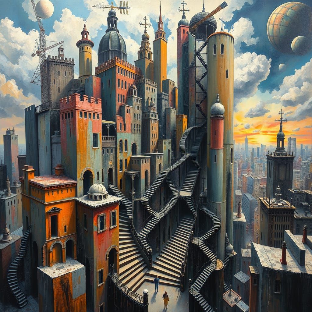 Dreamlike Cityscape in Vibrant Oil-on-Canvas Style