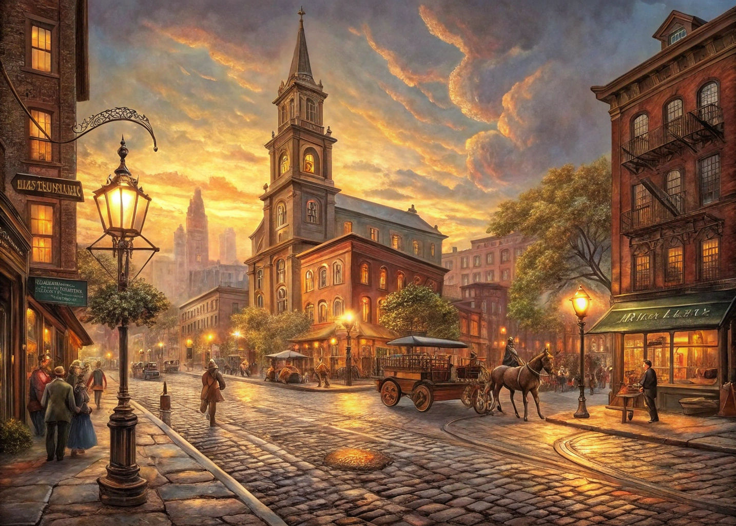 Vibrant 1800s American Cityscape at Dusk