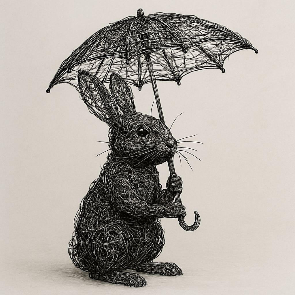 Wire Rabbit with Umbrella Sculpture