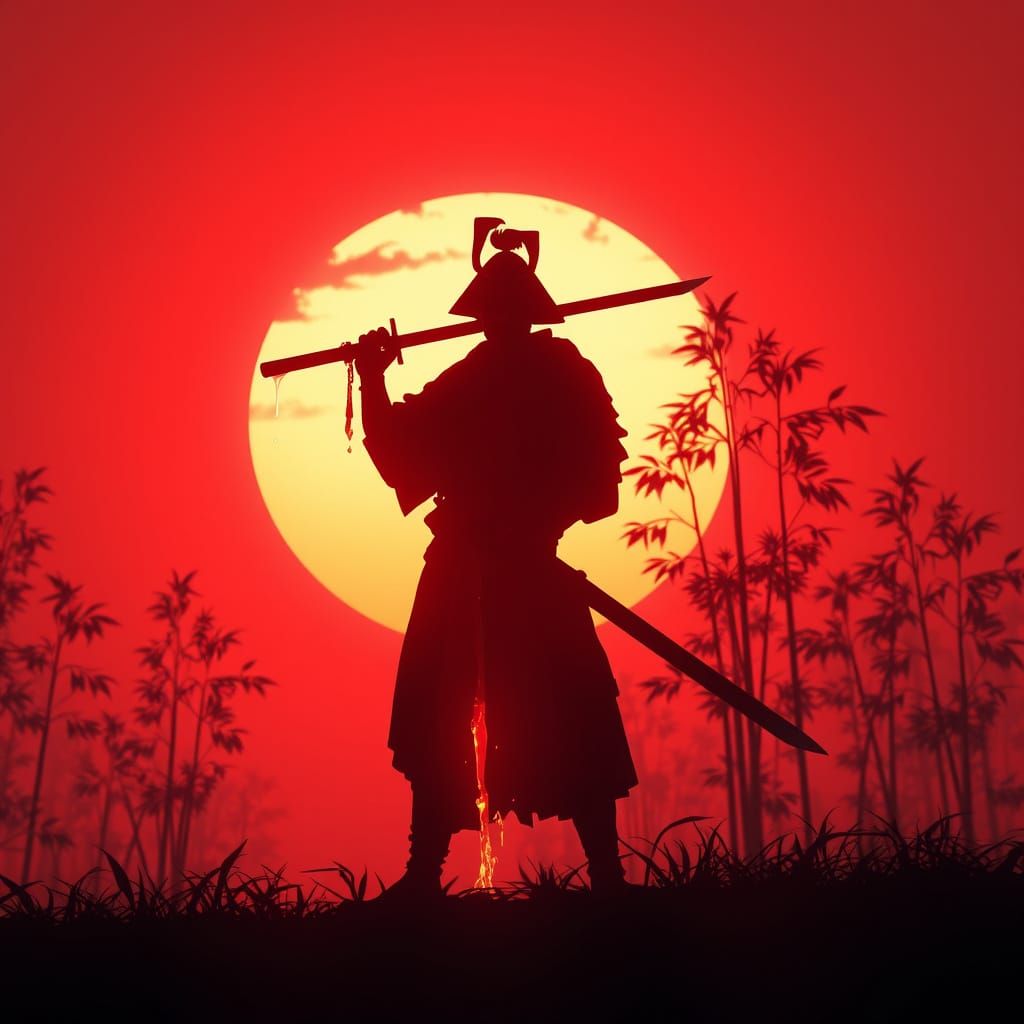 Samurai Silhouette at Sunset in Digital Art Style