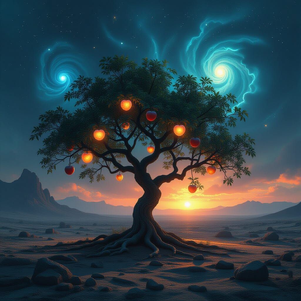 Ancient Alien Apple Tree in Nebula Sky