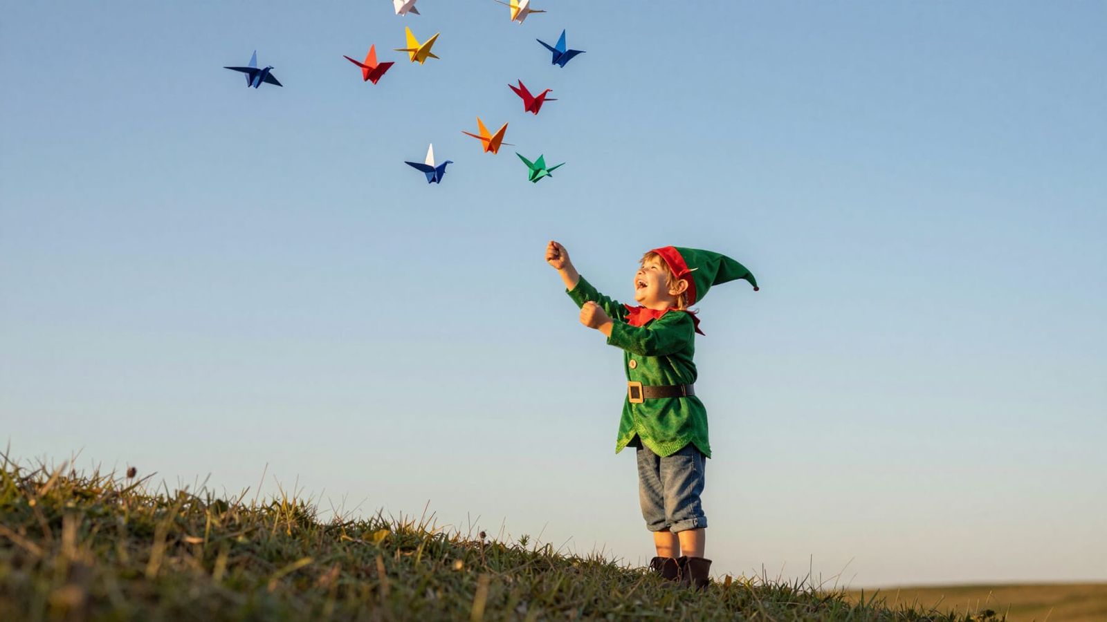 Child Elf Releasing Colorful Cranes on Sunny Hilltop