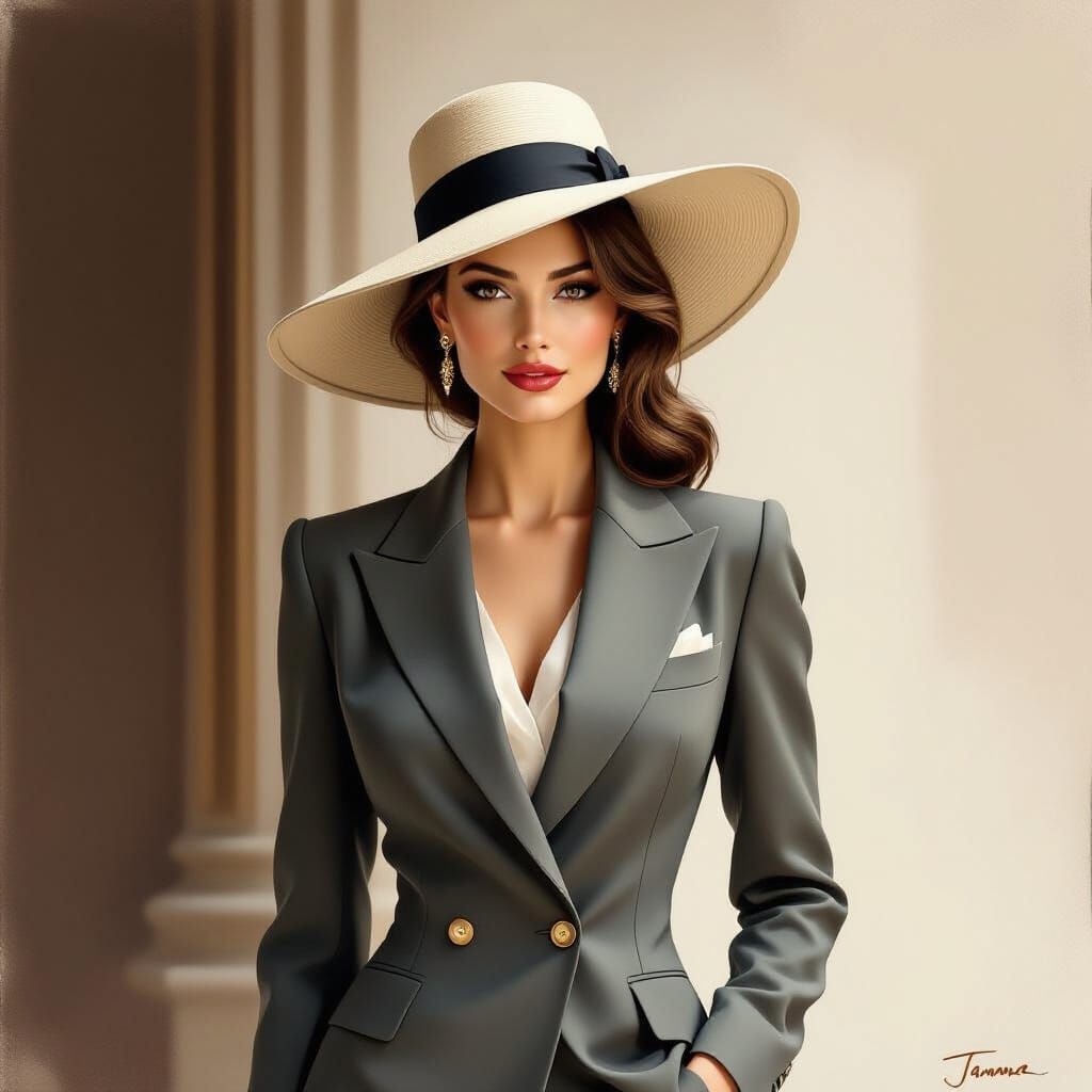 Elegant Lady in Pantsuit with Wide-Brimmed Hat