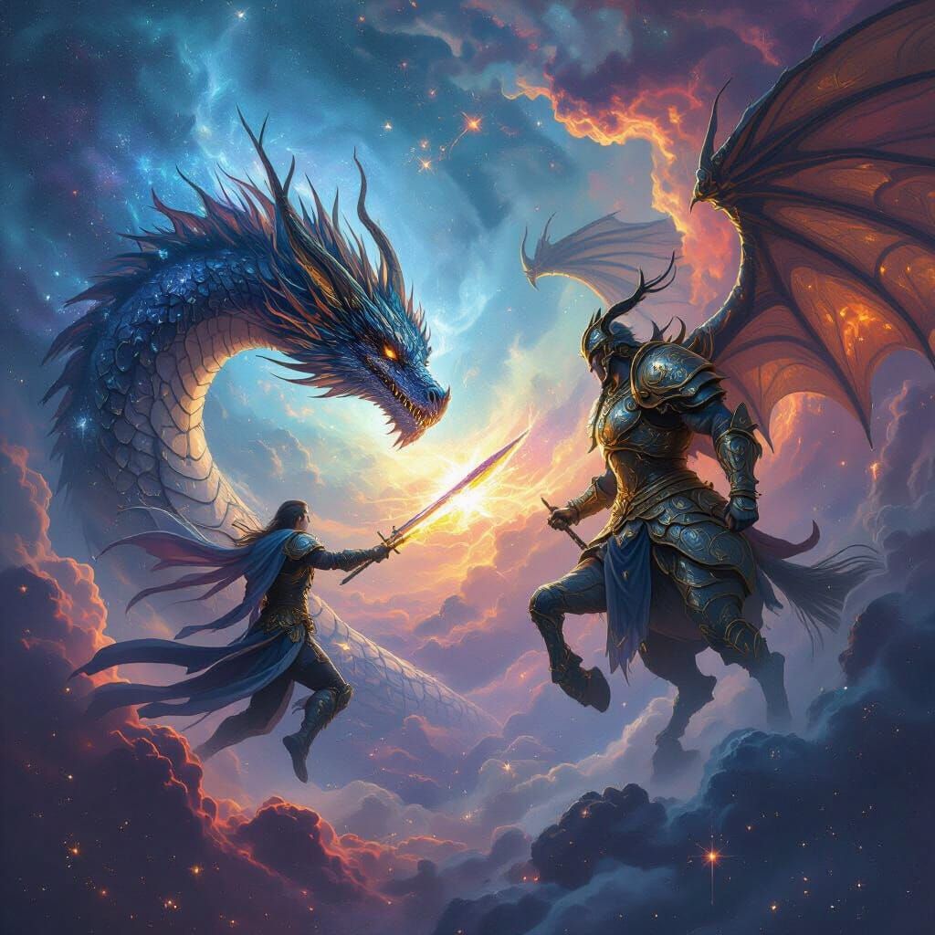 Celestial Dragon vs Armored Centaur in Cosmic Battle