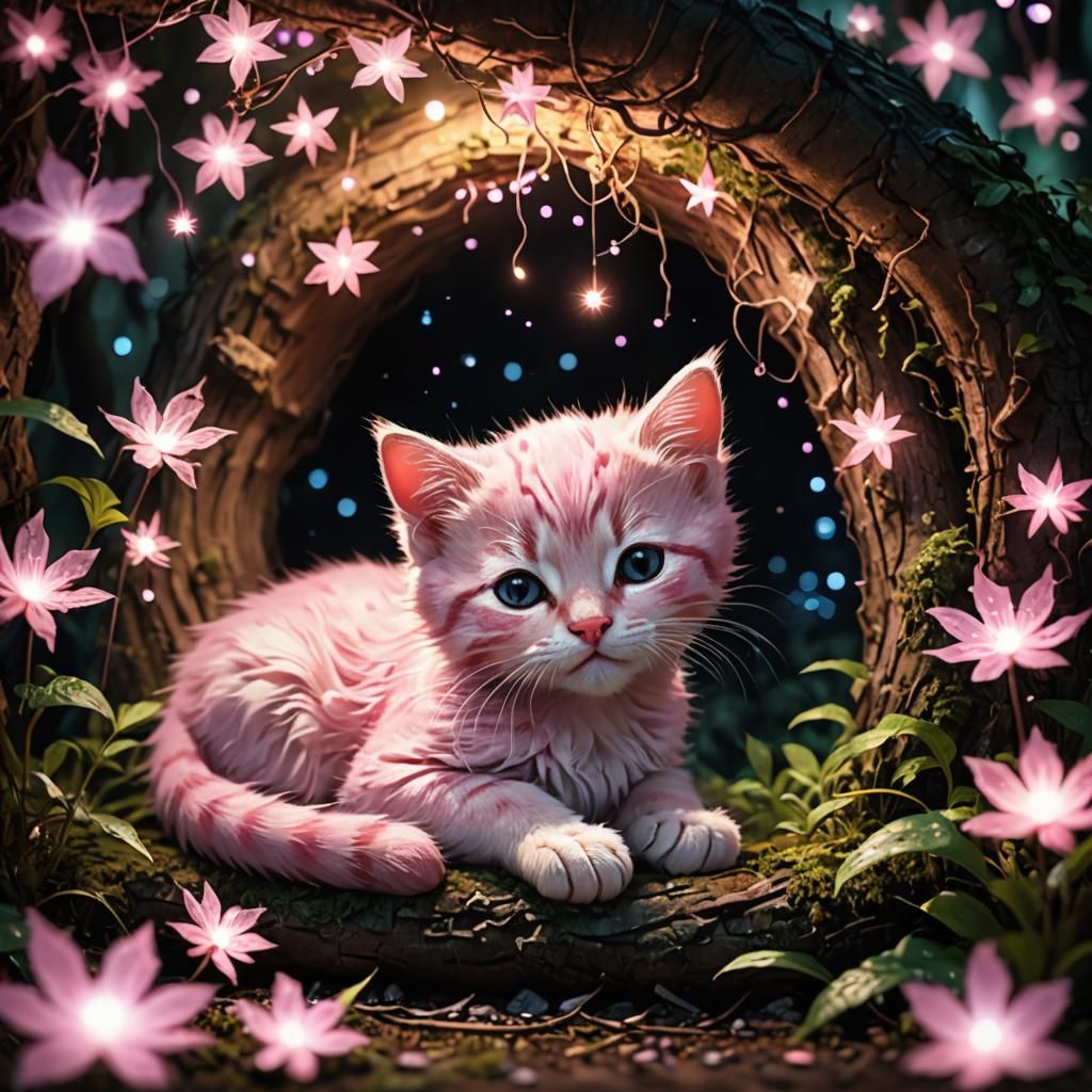 Sparkling Pink Kitten in Fairy Forest Nook