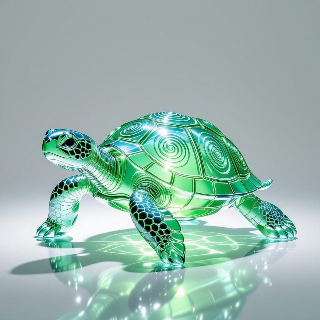Charming Glass Turtle Sculpture with Emerald and Sapphire Hu...
