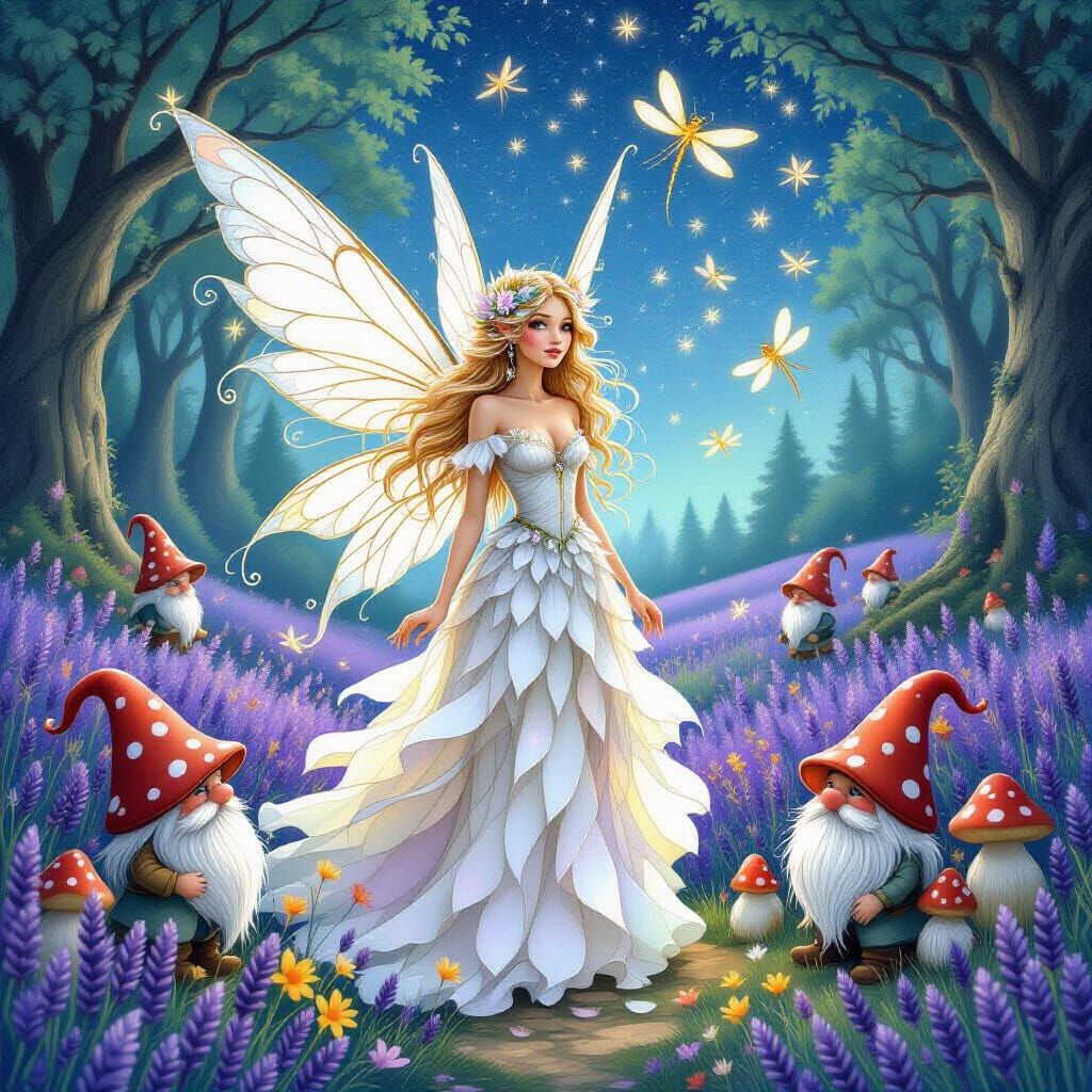 Magical Fairy in Lavender Field with Gnomes