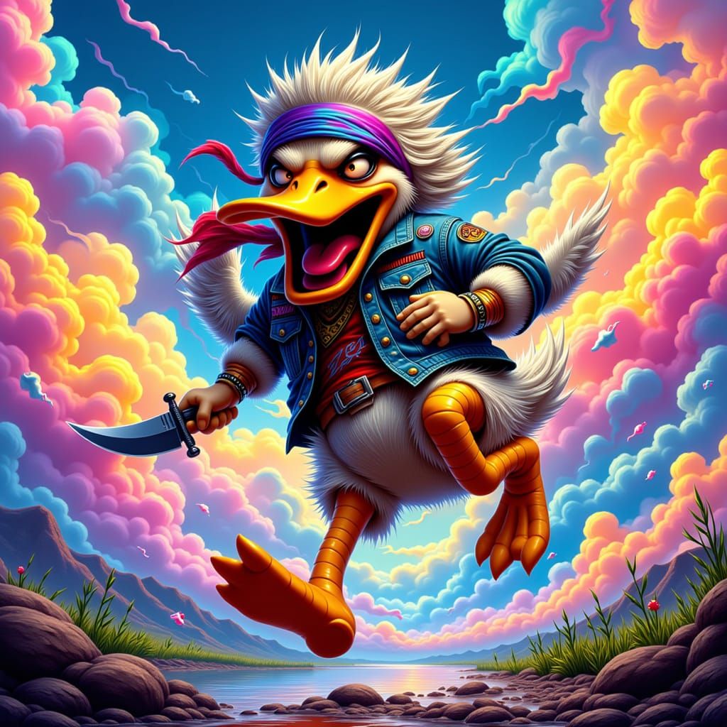Anthropomorphic Duck Warrior on Holographic Clouds
