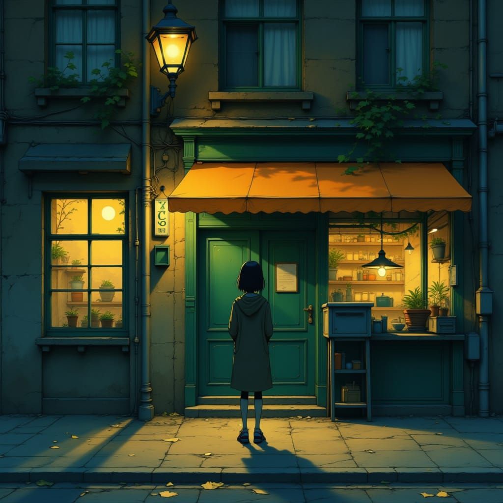 Contemplative Woman by Green Door in Anime Style